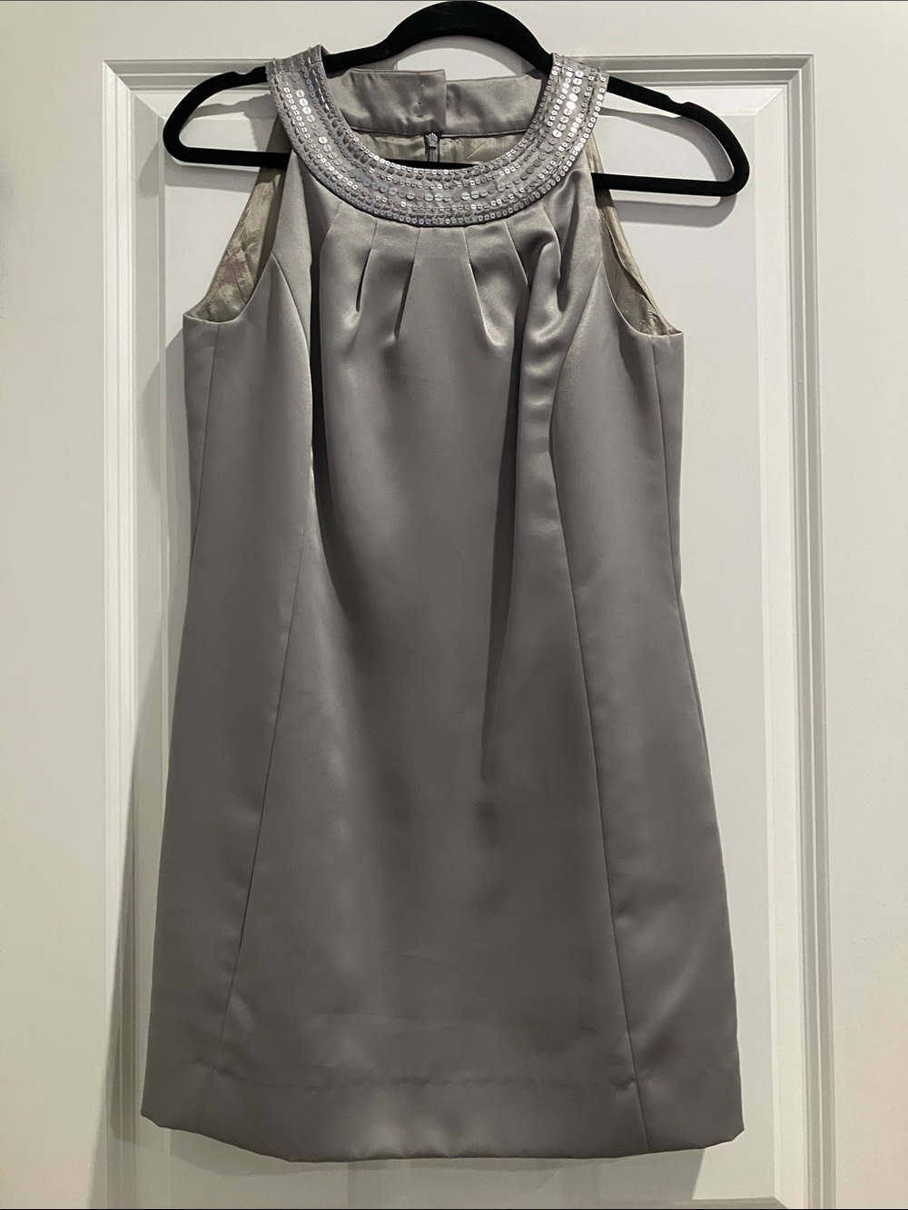 LOFT Silver Satin Beaded Neckline Mini Dress